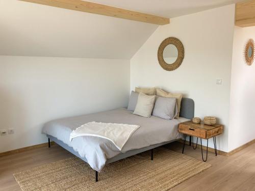 a bedroom with a bed with a mirror on the wall at Agro Lux Apartment - Milenović in Soko Banja