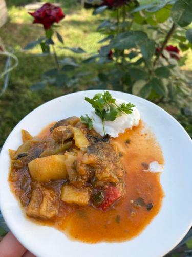 a white plate of food with meat and sauce at Mamuka's Guesthouse in Udabno