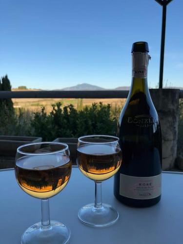 une bouteille de vin et deux verres sur une table dans l'établissement La vue sur le Mont Ventoux, appartement & parking, à Cairanne