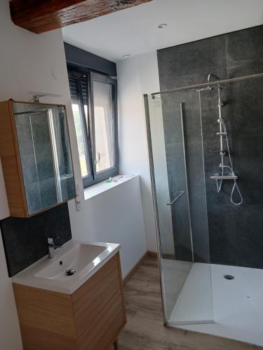 uma casa de banho com uma cabina de duche em vidro e um lavatório. em Domaine du clos henri em Essay