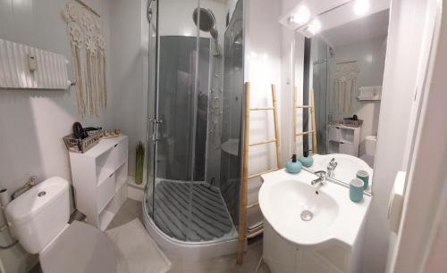 une salle de bain blanche avec une douche et un lavabo dans l'établissement studio vieille ville, à Nancy