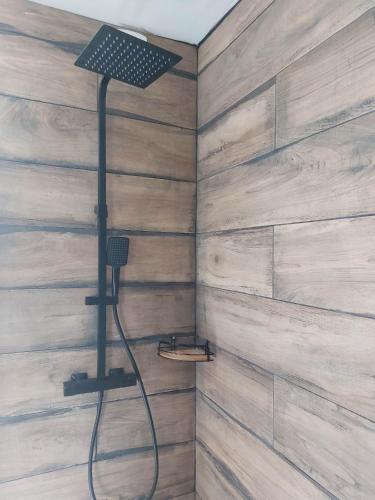 une douche dans une salle de bain avec un mur en bois dans l'établissement Les rias du Belon, à Riec-sur-Bélon