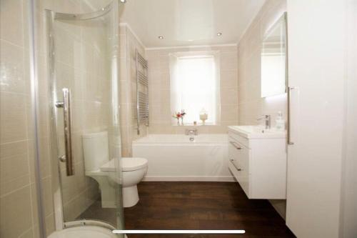 a bathroom with a toilet and a tub and a sink at Beach lodge with Hot Tub in Ayr