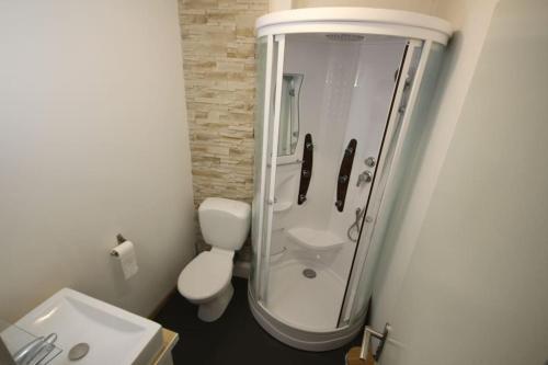 une salle de bain avec une douche avec des toilettes et un lavabo dans l'établissement LE CERF BLANC*** - T4 au pied des Thermes Cauterets - 3 chb et 2 sde, à Cauterets