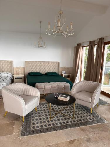 1 dormitorio con 1 cama, 2 sillas y mesa en Villa Horus en Sveti Stefan