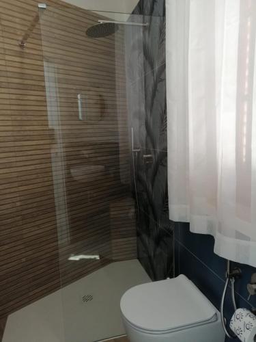 a bathroom with a toilet and a glass shower at Casa dei Mulini in Favignana