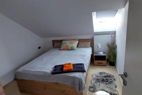 ein Schlafzimmer mit einem Bett in einem Zimmer mit einem Fenster in der Unterkunft JO-MA apartma - CHRG - station and free parking in Ljubljana