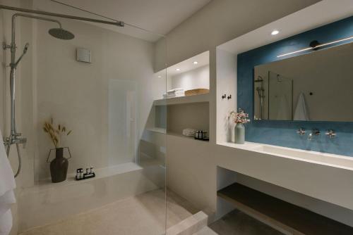 a bathroom with a shower and a mirror at Villa Mirto - Iris sunset villas in Lépedha