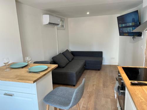 une cuisine et un salon avec un canapé et une table dans l'établissement Studio Neuf CentreVille Climatisé #13, à Toulon