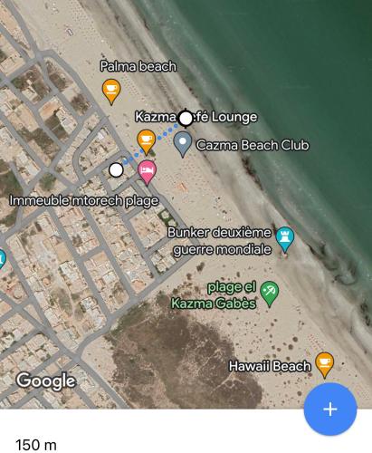 a map of a beach with pointers to different locations at Dar almasyaf, maison bord de mer in Gabès