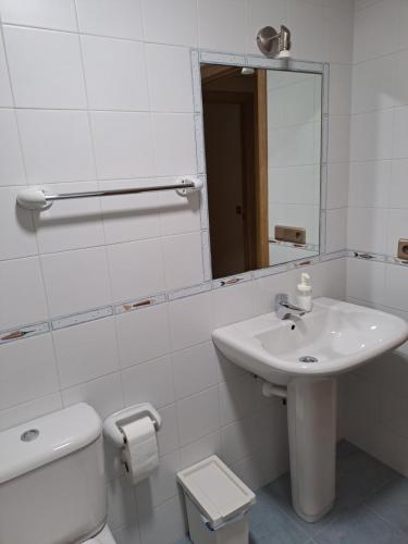 ein Badezimmer mit einem Waschbecken, einem WC und einem Spiegel in der Unterkunft Los Prados - HUCA Oviedo - Parking gratuito in Oviedo