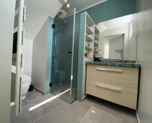 a bathroom with a shower and a sink and a toilet at Soir d'Été in Royan