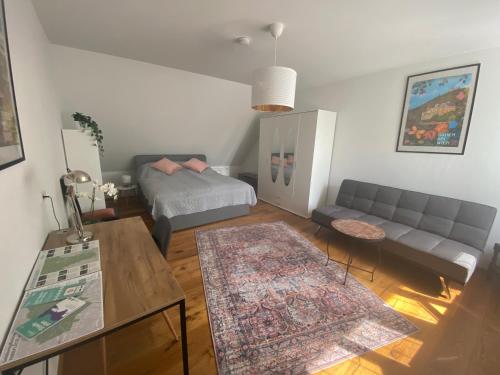 ein Wohnzimmer mit einem Sofa und einem Bett in der Unterkunft Little Paradise in the Center of Baden near Vienna in Baden