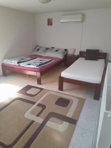 a room with two beds and a rug on the floor at Viktória Apartman in Nyíregyháza