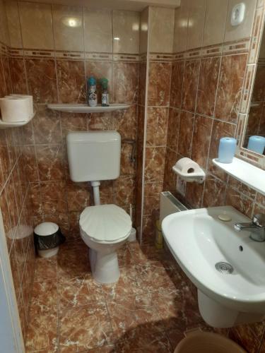 a bathroom with a toilet and a sink at Viktória Apartman in Nyíregyháza