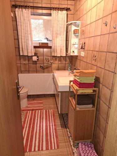 ein Badezimmer mit einem Waschbecken, einem WC und einem Spiegel in der Unterkunft Maria's Ferienwohnung in Laakirchen