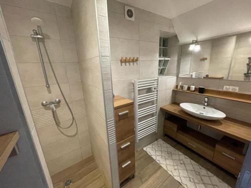 une salle de bain avec douche et lavabo dans l'établissement Hameau Provençal - T2 NEUF très calme tout à pied prestation +++, à Six-Fours-les-Plages