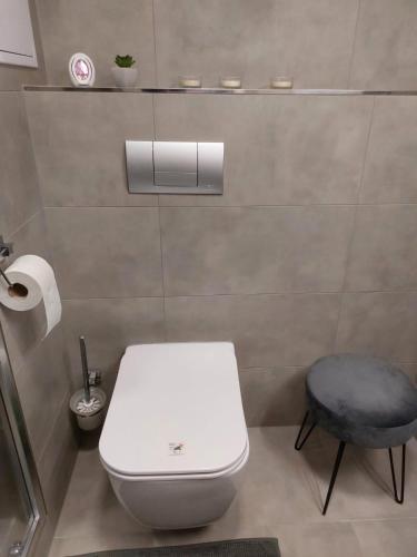 a bathroom with a white toilet and a blue stool at Apartment A&B Poprad in Poprad
