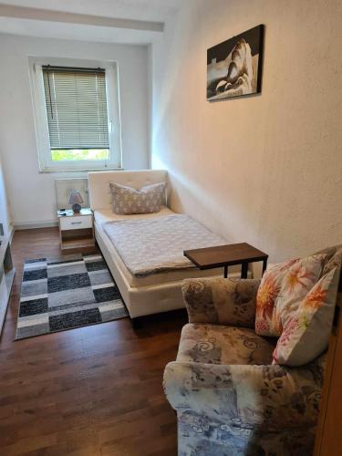 ein Wohnzimmer mit einem Bett und einem Sofa in der Unterkunft Kleine Wohnung für Monteure und Dienstreisen in Zwickau