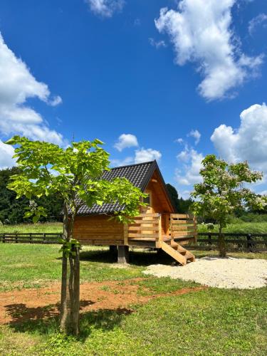 uma cabana de madeira num campo com uma árvore em Green River - robinzonski kamp em Duga Resa