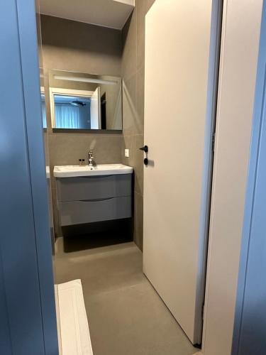 La salle de bains est pourvue d'un lavabo et d'un miroir. dans l'établissement Soin Rooms, à Tirana