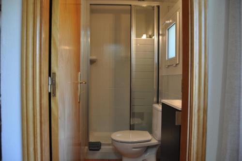 a bathroom with a toilet and a glass shower at Acogedor apartamento en entorno rural in Massanas