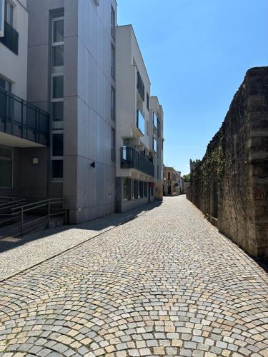 a cobblestone street in front of a building at Apartmán ERUDITO XXVI centrum Jihlava in Jihlava