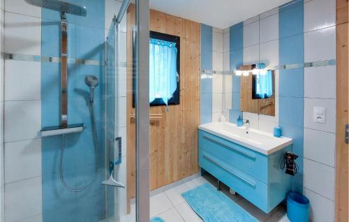 a bathroom with a blue sink and a shower at 4 Bedroom Cozy Home In Mont-dore in Le Mont-Dore