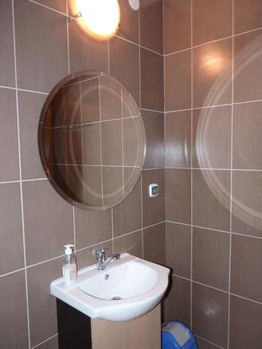 a bathroom with a sink and a mirror at Noclegi Dobry Sen in Samborzec