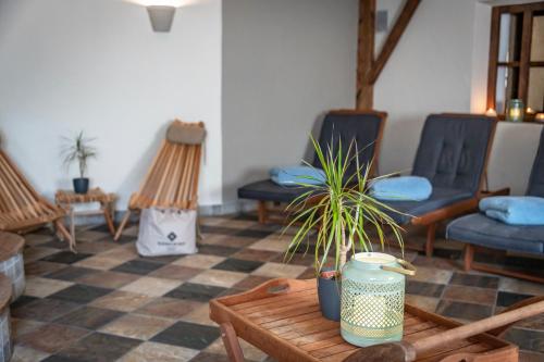 a living room with chairs and a table with a plant at Hotel Kesslwirt in Ciardes