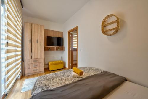 a bedroom with a bed and a mirror on the wall at Zlatibor apartman Trifunovic Luxury&Spa in Zlatibor