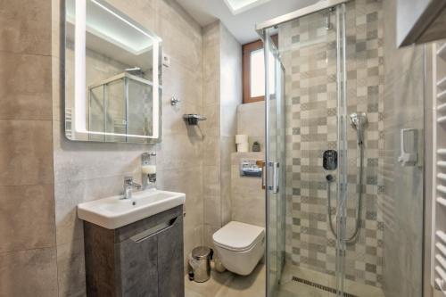 a bathroom with a shower and a toilet and a sink at Zlatibor apartman Trifunovic Luxury&Spa in Zlatibor