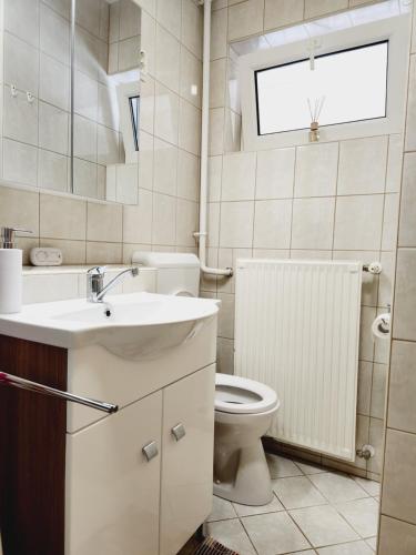 a bathroom with a sink and a toilet and a window at Heviz Victoria apartman in Hévíz