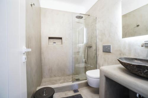 a bathroom with a shower and a sink and a toilet at Villa with Private Pool in Panormos in Mykonos