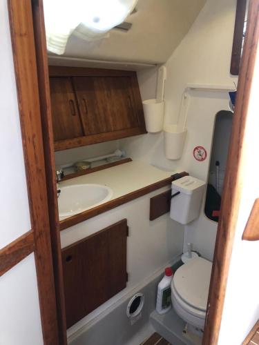 a small bathroom with a toilet and a sink at Casa Veleiro SHALOM in Ponta Delgada