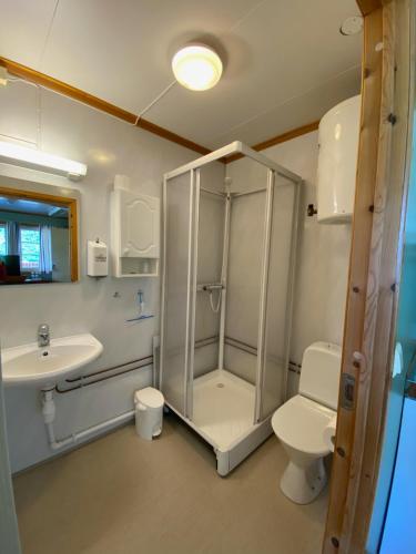 a bathroom with a shower and a toilet and a sink at Trædal Hotel in Sunndalsøra