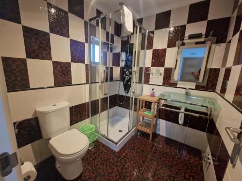 a bathroom with a toilet and a shower and a sink at Habitaciones y Estudios Miramar in Bolonia
