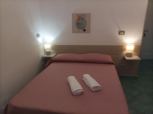 a bedroom with a red bed with two towels on it at Casa vacanze e B&B Oltremare in Marina di Camerota