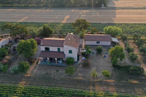 eine Luftansicht eines Hauses in der Mitte eines Feldes in der Unterkunft Casale Piombino Golfo Follonica Elba in Piombino