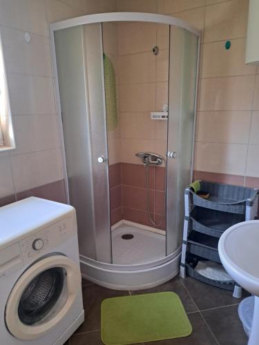 a shower in a bathroom with a washing machine at MD APARTMANI CANJ in Čanj