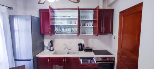 eine Küche mit braunen Schränken, einer Spüle und einem Kühlschrank in der Unterkunft ZeusPlace Litochoro Central Traditional House in Litochoro