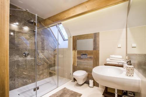 a bathroom with a shower and a toilet and a sink at Willa Tatiana Boutique in Zakopane