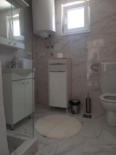 a bathroom with a sink and a toilet and a window at Apartman Flora Vrdnik in Vrdnik