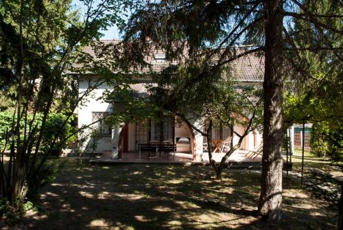 a white house with trees in front of it at Endretro Apartments in Siófok