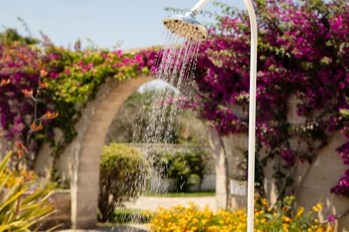 a water fountain in a garden with purple flowers at Borgo Mulino a Vento - Resort in Uggiano la Chiesa