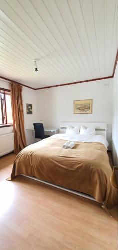 um quarto com uma cama grande e um tecto branco em Private Room in Shared House-Close to University and Hospital-1 em Umeå