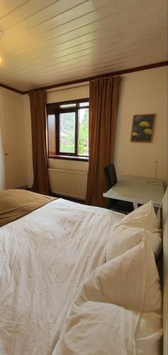 um quarto com uma cama, uma janela e uma secretária em Private Room in Shared House-Close to University and Hospital-1 em Umeå