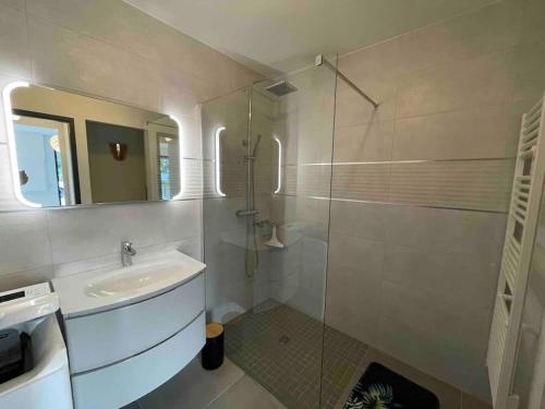 une salle de bain avec un lavabo et une douche en verre dans l'établissement Logement Le Puy Sainte Réparade, à Le Puy-Sainte-Réparade