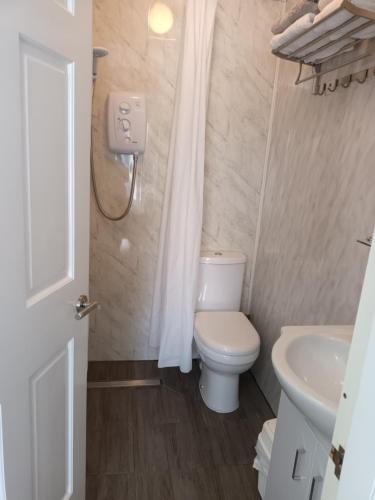 La petite salle de bains est pourvue de toilettes et d'un lavabo. dans l'établissement Kates Place Studio 1, à Donegal