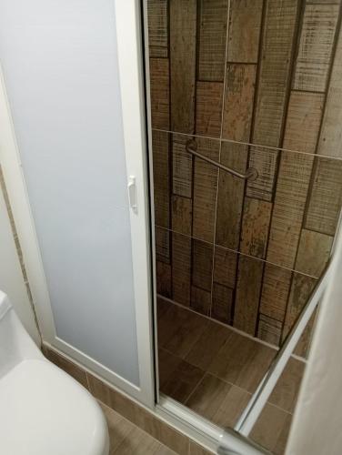 a shower with a glass door in a bathroom at Hostal 1009 Valdivia in Valdivia